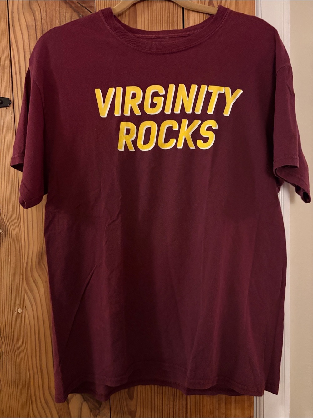 Men’s Burgundy Short-Sleeve Graphic Tee with Yellow Lettering